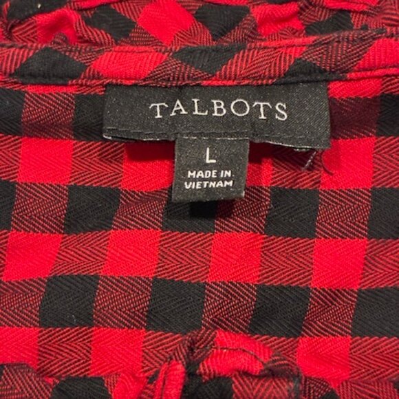 Talbots Women's Black Red Plaid Cotton Long Sleeve Button Ruffle Collar Shirt L - Picture 6 of 11